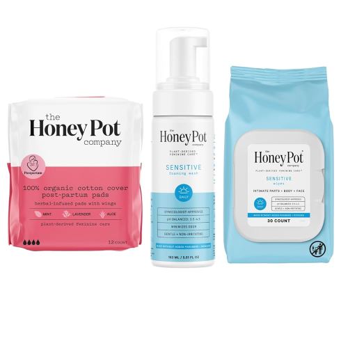 The Honey Pot Company - Postpartum Pads, Sensitive Feminine Wash & Wipes Bundle - Herbal Infused & PH Balanced Natural Hygiene Feminine Products - Postpartum Essentials - Feminine Care