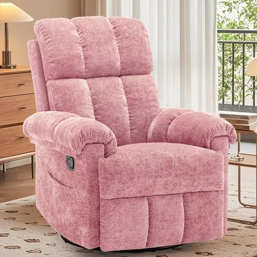 Korser Recliner Chair, Swivel Rocker Recliner Chair for Adults, Small Recliners for Small Spaces, Manual Recliner Chair with Side Pockets, Nursery Rocking Chair for Living Room, Chenille, Rose Pink