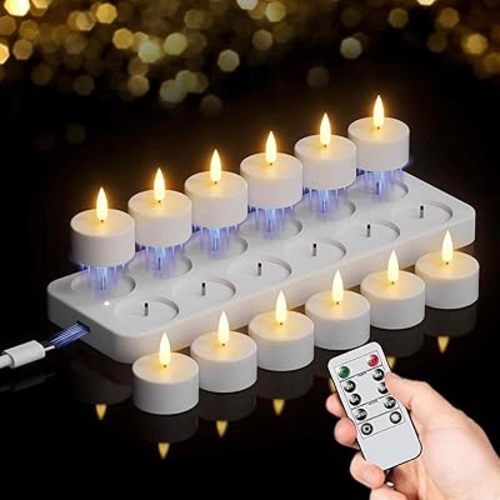 GenSwin 12 Rechargeable Tea Lights Candles with Charging Base and Remote Timer, Flameless LED Tealight Candles Battery Operated Halloween Fall Wedding Table Centerpieces (1.57” x 1.85”)