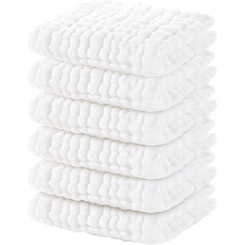 Yoofoss Muslin Baby Washcloths 100% Cotton Face Towels 6 Pack Wash Cloths for Baby 12x12in Soft and Absorbent Baby Wipes (White)
