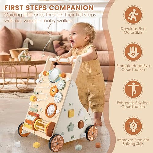 Pithfor Wooden Baby Walker, Baby Push Walker with Activity Center for Girls Boys, Montessori Push Walker Toys for Babies Learning to Walk, Sit-to-Stand, for 10-12 Months 1 2 3 Years Old