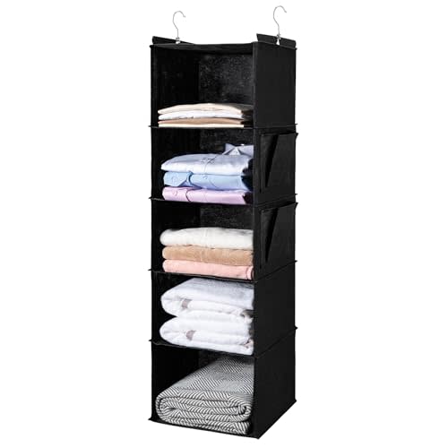BOOMIBOO Hanging Closet Organize and Shelves,5-Hanging Shelf (Black) | Dorm Room Essentials, Clothes Organizer with 2 Side Pockets, Hanging Shelves for Closet Storage, Breathable Fabric