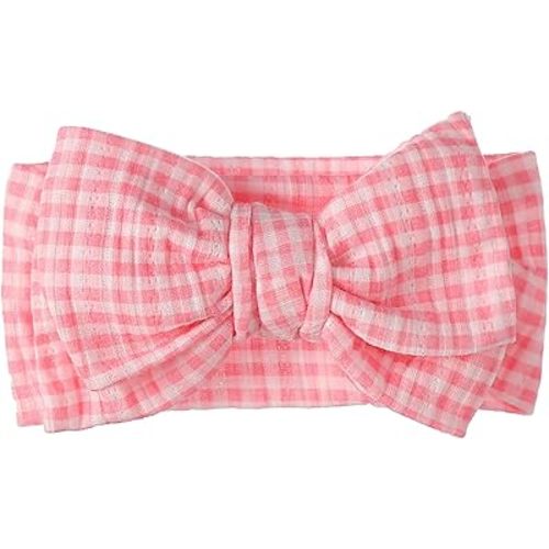 LemonSpace Handmade Baby Bow with Knotted Double Bows Stretchy Soft Cotton Infant Headwrap Comfortable Hair Accessories for Baby Girls,Toddler,Kids (Pink Plaid)