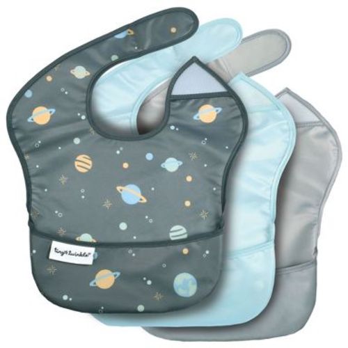 Tiny Twinkle Mess-Proof and Waterproof Baby Food Bib for Boys or Girls, Machine Washable and BPA-Free w/Adjustable Closure (3-Pack, Space)