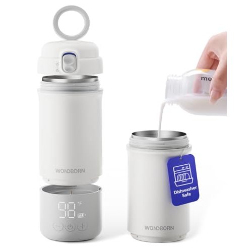 WONDBORN Portable Bottle Warmer for Travel - Instant Heating, Dishwasher Safe, 1°F Precise Temp Control, 30W Fast Charge, Long Battery Life, 17 Oz Capacity, Baby Milk Warmer for Breastmilk & Formula