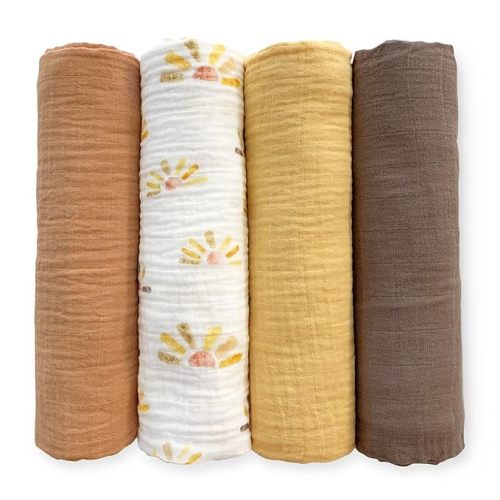 SwaddleDesigns Cotton Muslin Swaddle Blankets, Set of 4, Receiving Blanket for Newborn Babies, Baby Registry & Gift, 46x46 Inches, Watercolor Sunny Days