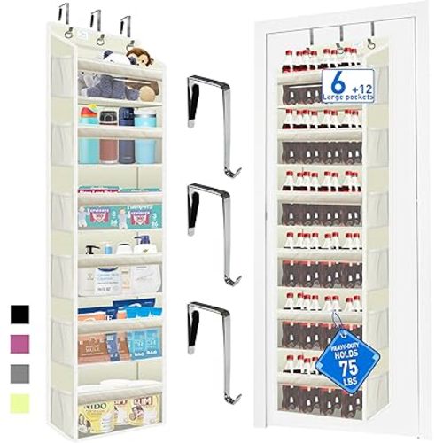 over the door organizer, Solid Bamboo Board (Not Plastic!) 6-Tier Heavy Duty 75LB, 12 Side Pockets, 3 Reinforced Hooks & Anti-Slip Pads, Waterproof & Washable, No Sagging, No Door Damage,Ivory