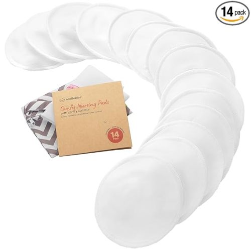 Organic Nursing Pads - 14 Washable Breast Pads for Breastfeeding, Wash Bag, Viscose Derived from Bamboo Reusable Nipple Covers for Breastfeeding Essentials, Soft & Absorbent(Soft White, L 4.8")
