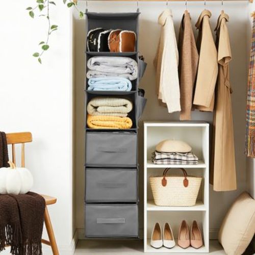 3-Tier Hanging Closet Organizer with Drawers, Foldable Non-Woven Storage Shelves for Bedroom, Beige, 11.8x11.8x47.2"