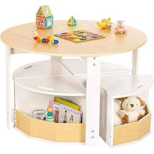 Kids Table and Chair Set with 4 Storage Stools, Wooden Toddler Activity Play Furniture with Round Nesting Design for Activity, Art, Read, Craft