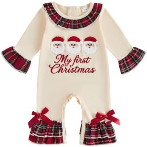 Newborn Baby Girl Christmas Outfit Long Sleeve Santa Jumpsuit