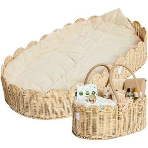 BEBE BASK Premium Nursery Bundle - Baby Changing Basket & Baby Diaper Caddy Organizer - Scalloped Baskets - Scalloped Edge