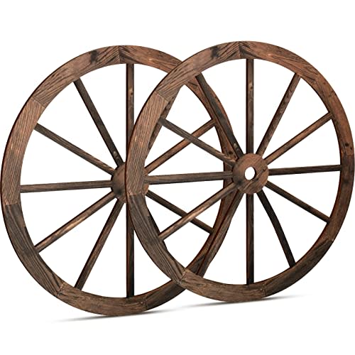 Qunclay 2 Pcs Wagon Wheel Decor Wooden Western Cowboy Party Decorations Vintage Rustic Wagon Wheel Wood Cartwheel Decor for Bar Garage Indoor Outdoor (Brown,18 Inch)
