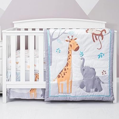 The Hōmistry 3-Piece Crib Bedding Set for Boys & Girls – Reversible Quilt, Fitted Sheet, Crib Skirt – Soft, Breathable & Durable Microfiber – Jungle Friends Theme
