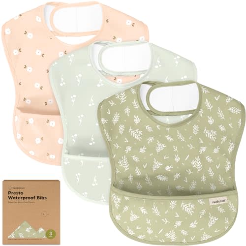 KeaBabies 3-Pack Waterproof Baby Bibs for Eating - Lightweight Toddler Feeding Bibs with Large Food Catcher, Mess Proof, Food-Grade Baby Eating Essentials, Easy to Put On & Clean (Bloom)