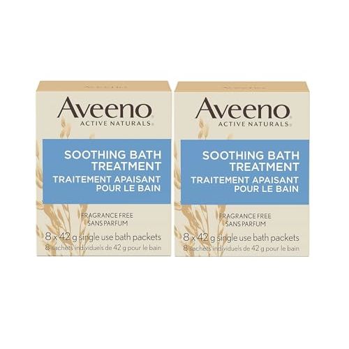 Aveeno Fragrance Free Soothing Bath Treatment, 100% Natural Colloidal Oatmeal, Sensitive Skin Bath Soak for Relief of Dry, Itchy, Irritated Skin Due to Eczema & Hives, Bath Packets, 8 ct. (Pack of 2)