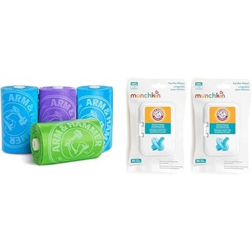 Munchkin® Arm & Hammer Diaper Bag Refills, 4 Pack, 48 Bags & Arm & Hammer Pacifier Wipes - Safely Cleans Baby and Toddler Essentials, 2 Pack, 72 Wipes