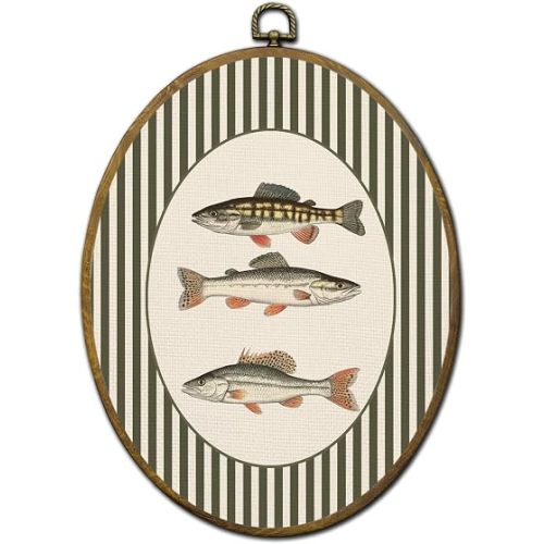 QZQE Coastal Beach Fish Nursery Oval Wall Art Decor Framed, Fishing Nursery Oval Canvas Prints, Vintage Fish Green Striped Wall Hanging Decor for Kitchen Kids Boys Bedroom Playroom, 8.6x11.4 Inch