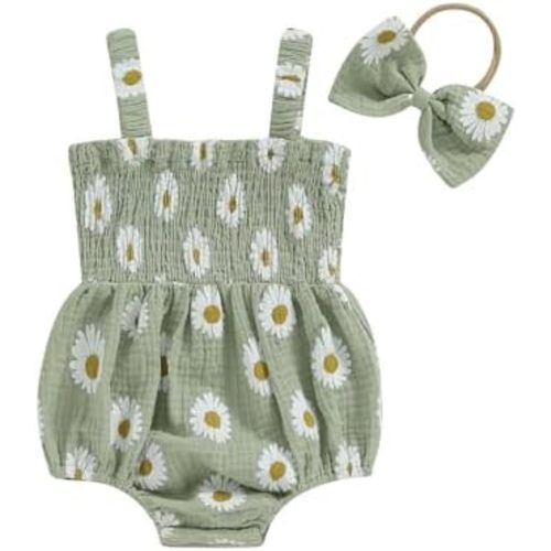 Baby Girl Summer Clothes Daisy Sleeveless Smocked Bubble Romper Cotton Linen Bodysuit Jumpsuit Newborn Girl Outfit
