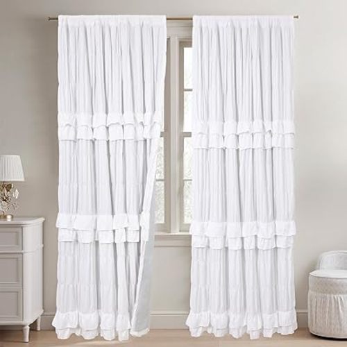 White Ruffle Blackout Curtains for Girls Bedroom 84 inches Length 2 Panels
