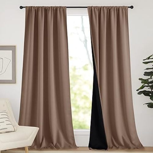 NICETOWN Complete Blackout Room Warming Shades for Large Window Door, 100% Blackout Window Curtain Panels with Black Lined, 52 inches Width Each Panel, 95 inches Length, Cappuccino, Double Pieces