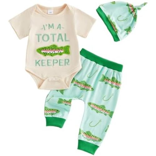 Muasaaluxi Newborn Baby Boy Clothes 0 3 6 12 18 Months Short Sleeve Fish Embroidery Romper Long Pants Hat Summer Outfit