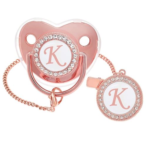 Bling Personalized Pink Baby Pacifier with Pacifier Clips and Anti-dust Cover A-Z 26 Letters(Pink,K)