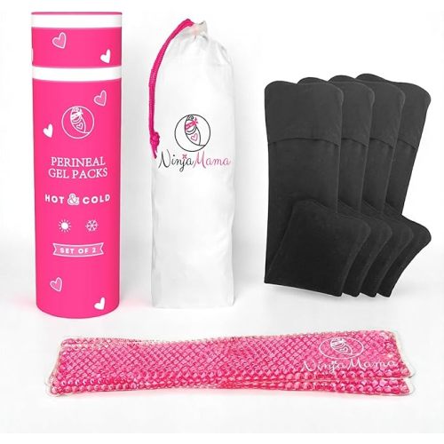 Ninja Mama Perineal Ice and Heat Therapy Packs - Pack of 2 for Postpartum Soothing Relief for Postpartum Hemorrhoid Pain Childbirth Recovery Care - Labour and Delivery Essentials - Reusable - Hot or Cold - with 4 Washable Sleeves.