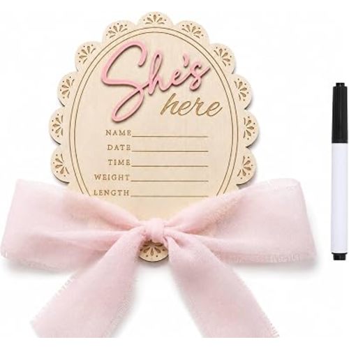 Baby Announcement Sign with Pen, She's Here Wooden Newborn Girl Sign