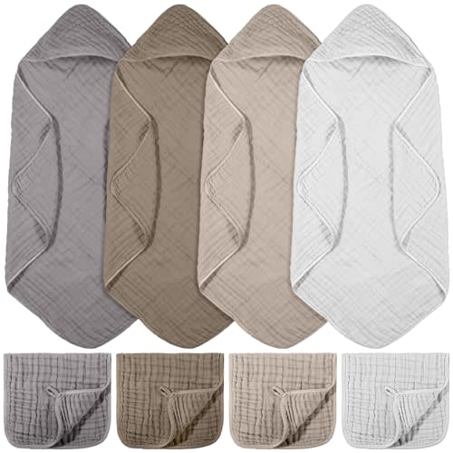 VitalCozy 8 Pcs Baby Muslin Hooded Bath Towels and Washcloths Muslin Cotton Hooded Baby Towels Absorbent Blankets for Gift Newborn Infant Shower (32 x 32 Inch,Neutral Colors)