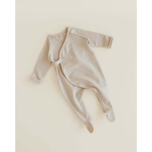 Flap footie-Oat w brown stitching