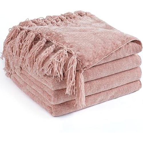 Chenille Throw Blanket for Couch 50"X 60", Soft Cozy Throws with Fringe Tassel for Bed Sofa Chair Cover, Lightweight Knitted Decorative Boho Blankets for Living Room, Dusty Pink