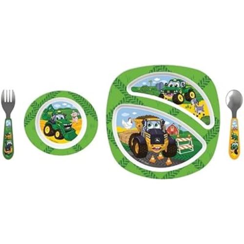 John Deere Kids Dish Set by ERTL – 4-Piece Toddler Feeding Set with Plate, Bowl, Fork & Spoon – BPA-Free, Microwave & Dishwasher Safe, Ages 9 Months+ (LP88975)