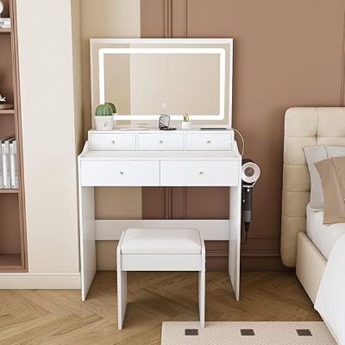 Small Makeup Vanity Desk with Mirror and Lights, Vanity Table Set with Storage Drawer & Open Shelves, 3 Lighting Colors, Adjustable Brightness Mini Makeup Vanity with Stool