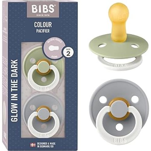 Bibs Pacifiers | Natural Rubber Baby Pacifier | Set of 2 BPA-Free Soothers | Made in Denmark | Sage Night/Cloud Night | Size 6-18 Months
