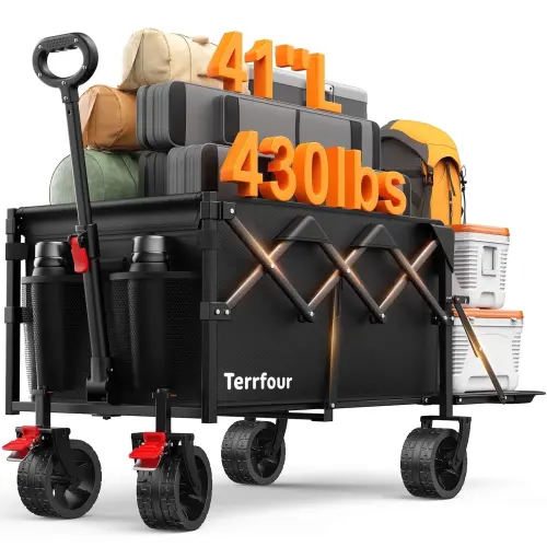 Terrfour 430lb Heavy Duty Collapsible Folding Wagon Cart with Extended Tailgate and All-Terrain Wheels for Camping, Garden, Outdoor, Black