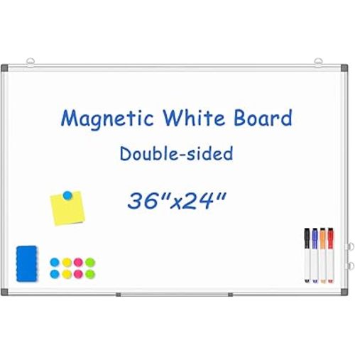 WALGLASS Magnetic White Board, 36" x 24" Double-Sides Dry Erase White Board for Wall, Hanging or Mounted Whiteboard, Horizontal or Vertical, Silver Aluminium Frame, Home, School, Office, Kitchen