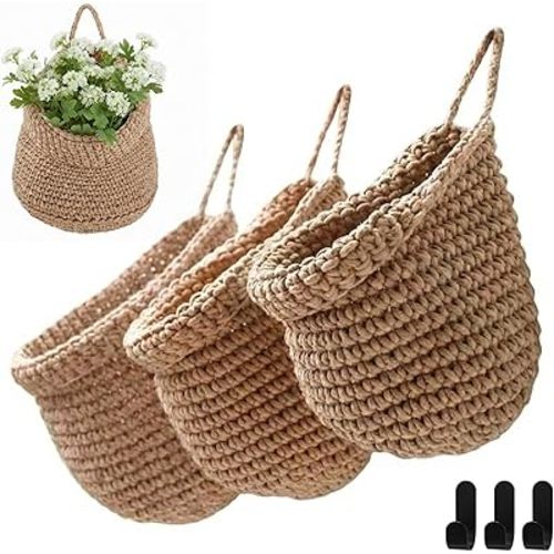 Honeydak Boho Decor Hanging Wall Baskets for Kitchen 3 Pack Teardrop Baskets with Hooks Storage Fruit Onion Vegetable Potato for Home 3 Sizes(Light Linen,Barrel,Cotton Rope)