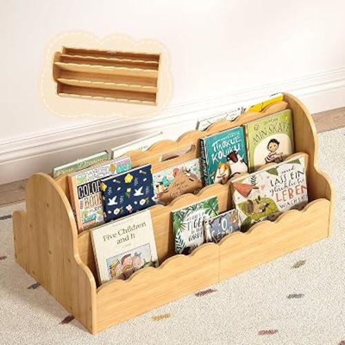 ELYKEN Bamboo Kids Bookshelf with Handles, 4-Tier Double-Sided