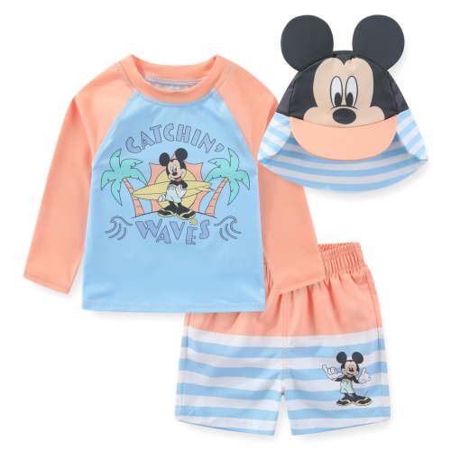 Disney Mickey Mouse UPF 50+ Rash Guard Swim Trunks and Sun Hat with Ears Bathing Suit Set (Baby Boys), 3 Piece Set, Sizes 3M-24M
