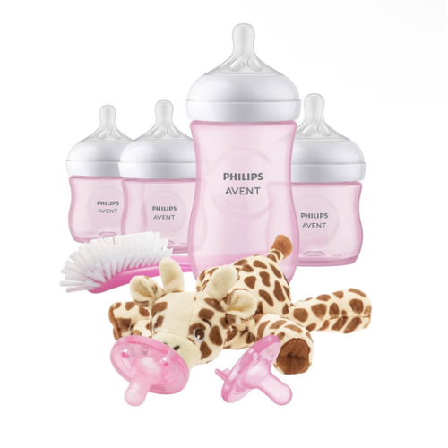 Philips Avent Natural Baby Bottle with Natural Response Nipple, Pink Baby Gift Set with Snuggle, SCD838/03