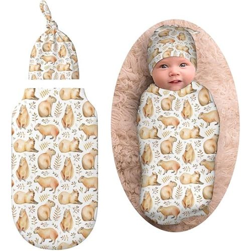 milanoir Cute Capybara Newborn Baby Swaddle Blanket With Beanie Hat Baby Receiving Blanket Baby Wraps Blankets Gifts