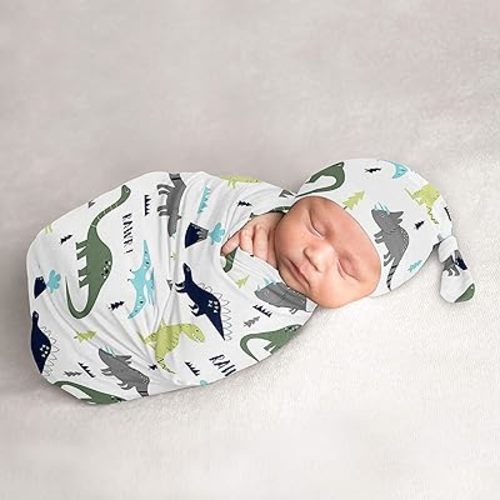 Sweet Jojo Designs Mod Dino Baby Boy Cocoon and Beanie Hat 2pc Set Jersey Stretch Knit Sleeping Bag for Infant Newborn Nursery Sleep Wrap Sack - Blue, Green and Grey Modern Dinosaur