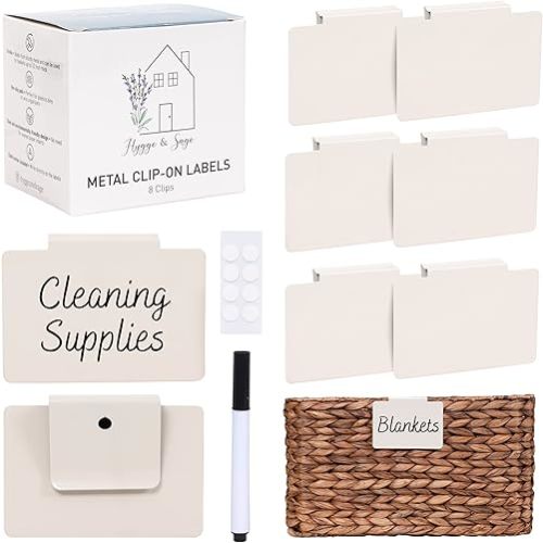 Hygge & Sage: Metal Non-Slip Basket Labels Clip On for Storage Bins, or Wire Racks | Includes 8 Labels, 8 Non-Slip Pads, and 1 Free Marker (Cream)