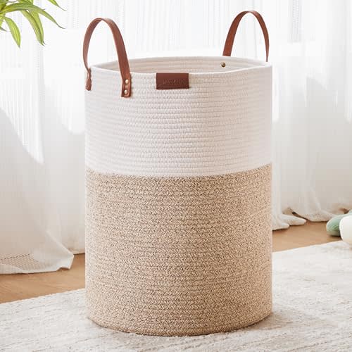 MOJOSCEND Tall Laundry Hamper Basket, 60L Woven Rope Hamper Basket for Blanket, Clothes Hamper for Bedroom, Baby Nursery Kids Laundry Basket Organizer, Brown