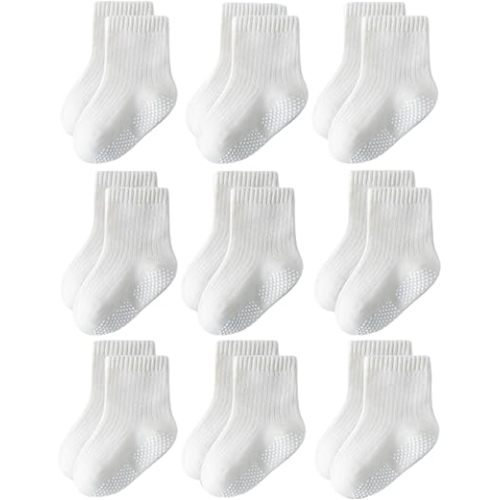 Toddler Grip Socks Non Slip Crew Socks Cute Seamless Cotton Socks for Baby Boys Girls Infants Kids 9 Pairs