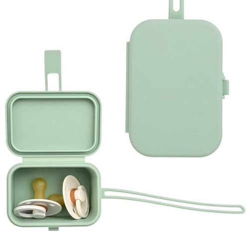 Baby's Aid Silicone Pacifier Case, No Open Slot with Patented Closure, Dishwasher Safe, Attaches to Diaper Bag or Stroller, Holds 2 Pacifiers, (Sage)