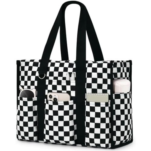 Becokan Large Tote Bag for Women Waterproof with 12 Pockets Top Zipper Closure Utility Teacher Nurse Bags for Work School
