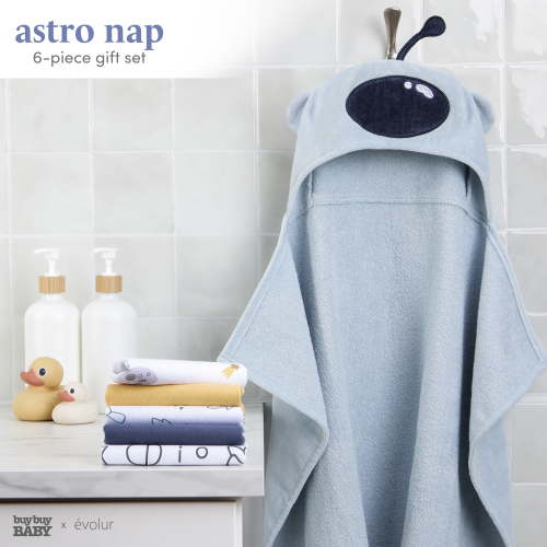 Evolur AstroNap 6 pc Gift Set - Hooded Towel & 5pc Wash Cloths, Space Print