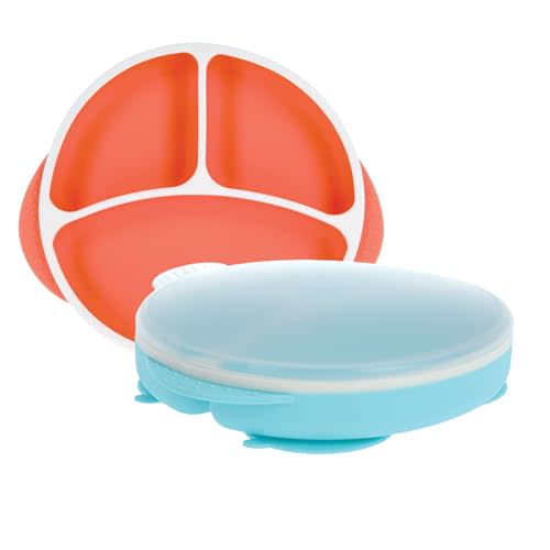 Nuby Silicone Round Suction Plate with Lid - Dishwasher-Safe Baby and Toddler Plate - 6+ Months - Aqua and Coral - Back to School Essentials